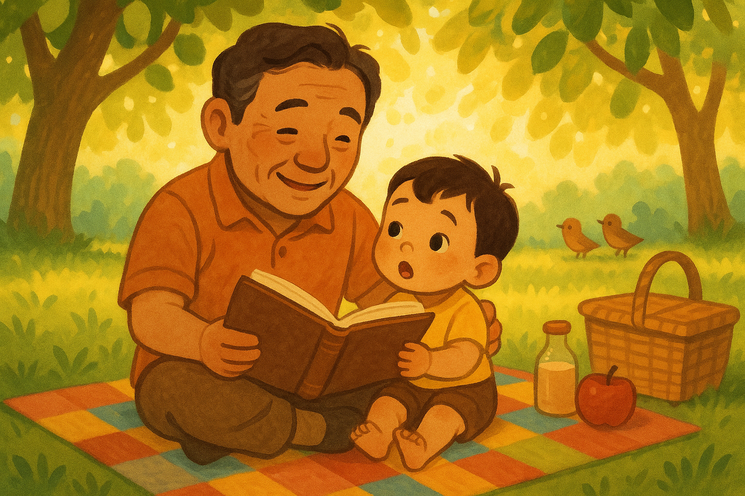A cartoon image of an asian father reading to his half asian grandson, who is about 2 years old. They are sitting outside on a picnic blanket on a sunny day.