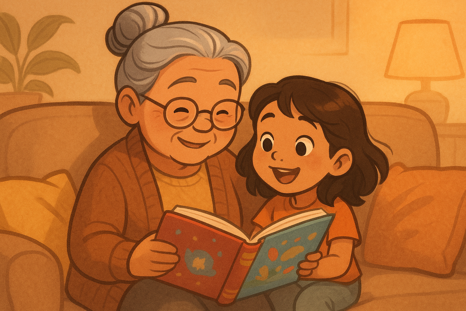 A cartoon image of an asian grandmother reading to her half-asian granddaughter on a couch